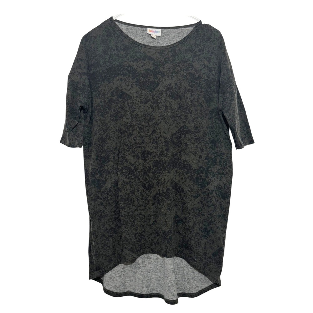 LuLaRoe Irma Tunic Top Womens XXS Gray Black Acid Wash High Low Short Sleeve Tee